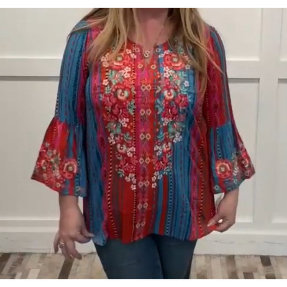 Women's Savannah Jane Floral Embroidered Blouse L Red, Blue/Turquoise - Picture 2 of 2